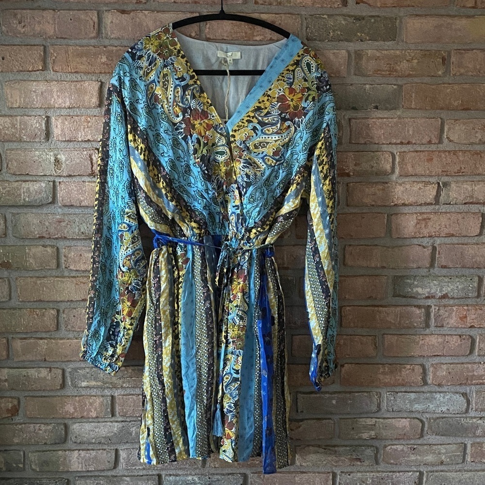 Easel Blue and Yellow Paisley Long Sleeve Dress Medium NWT